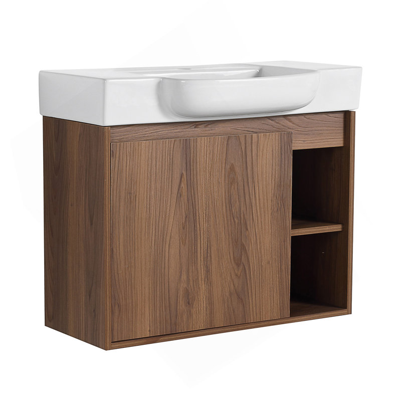 Meuble-lavabo mural de 28 po avec lavabo en céramique blanche et porte à fermeture en douceur, design flottant écologique et élégant pour les salles de bain modernes.