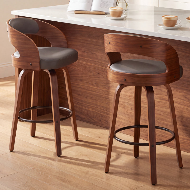 Tabouret de comptoir pivotant moderne de 26 po avec cadre en bois cintré, Gris