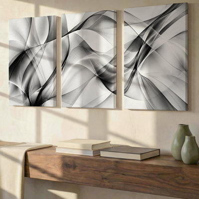 3 Pieces Exculisive Black Gray and White Flowing Ribbon Abstract Wall Art Panorama, Modern Canvas Decor for Living Room, Bedroom, Office and Home