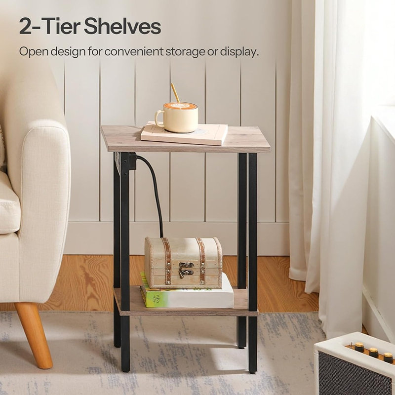 Ensemble de 2 tables d'appoint étroites avec station de charge, rangement à 2 niveaux - grège et noir