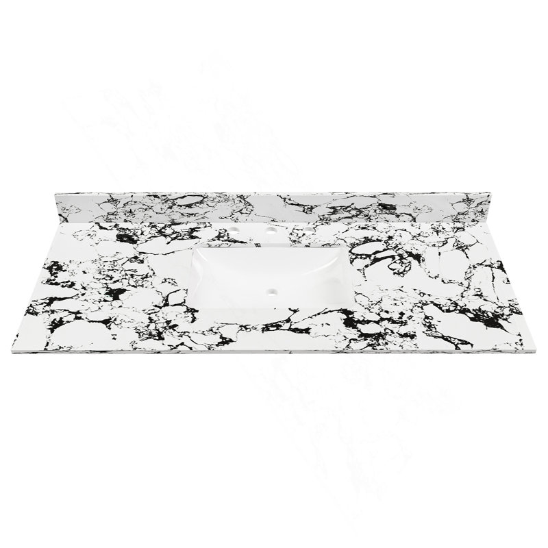 Plateau de meuble-lavabo 49 po x 22 po, avec lavabo et dosseret en céramique encastré, comptoir de meuble-lavabo en marbre artificiel avec 3 trous de robinet, blanc et noir New Carrara (seulement le comptoir de meuble-lavabo)