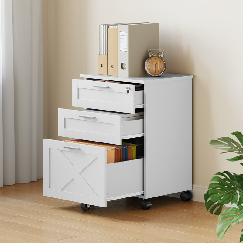 3-Drawer Locking Wooden File Cabinet – Mobile Under Desk Storage Organizer with Wheels – Fits Letter/A4/Legal, Modern Rolling Filing Cabinet for Home Office, Printer Stand – White
