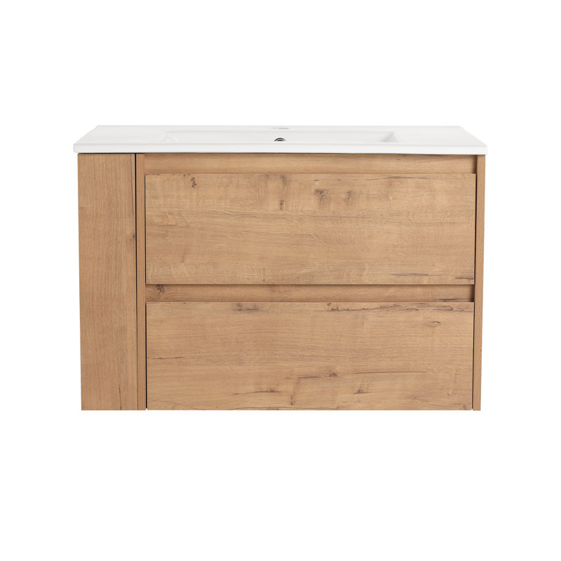 Meuble-lavabo mural 30 po avec lavabo en céramique, Imitation chêne