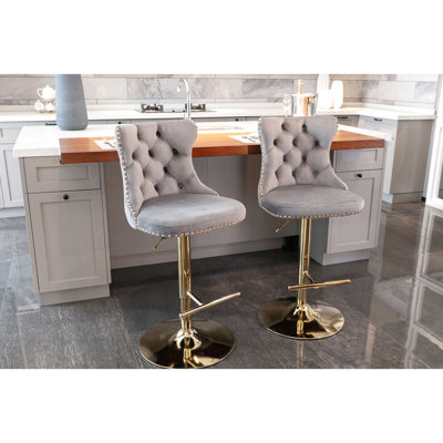 Gray Velvet (2), Adjustable Seat Height 25 - 33 Inch, Modern Upholstered With Back For Home Pub And Kitchen Island Entertaining , Of 2, Comfort