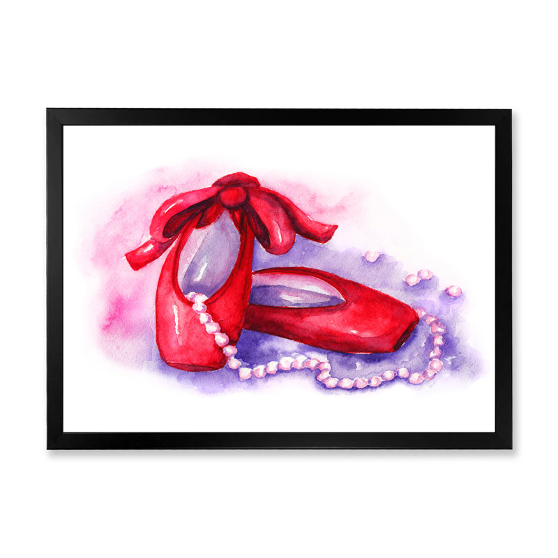 Red Pointe Shoes With Pink Bead - reproduction sur toile avec cadre flottant, Cadre photo noir, H 8 po x l 12 po x P 1 po