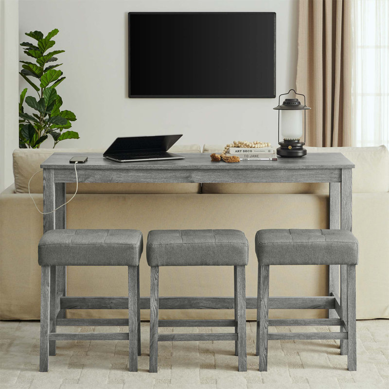 Bar Table, Dining Table, Sofa Table With Power Outlet, 3 Upholstered Stools, 4 Piece Bar Table And Chair Set, Grey, Grey