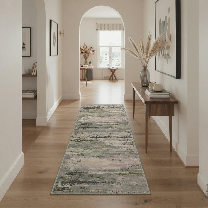 Tapis gris / rose / vert à motif abstrait lavable à la machine avec envers antidérapant Lucchesi