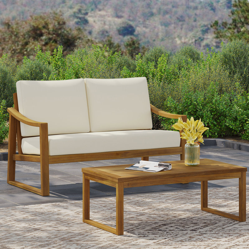 Table basse et causeuse Samwell, Coussin beige / structure en teck
