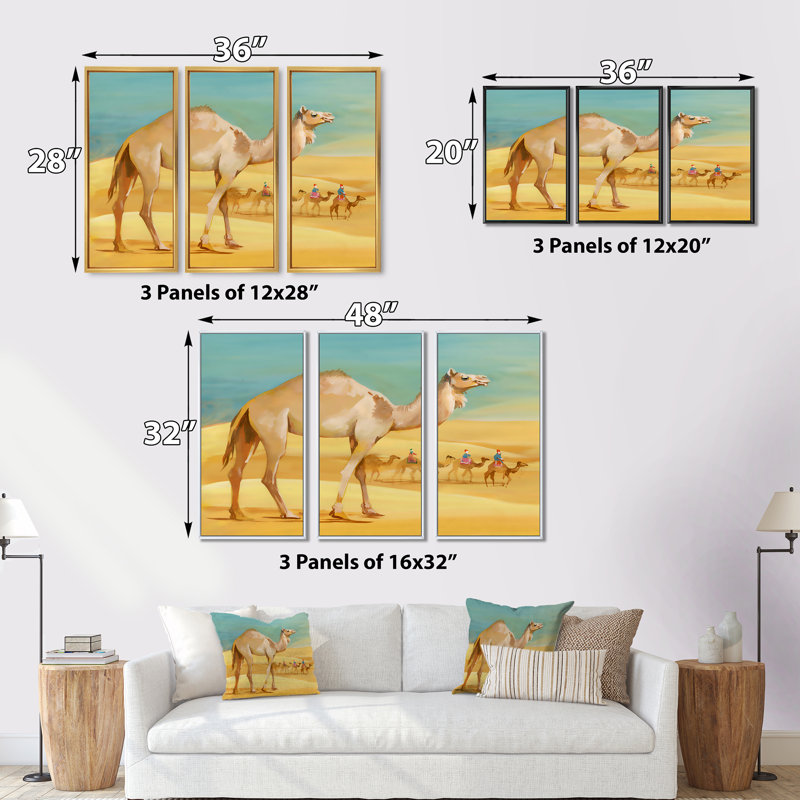 Camels in Desert - 3 pièces, reproduction sur cadre flottant sur toile, Cadre noir, H 28 po x l 36 po x P 1 po