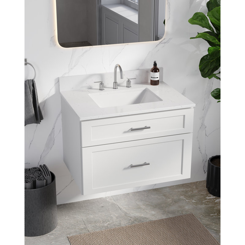  Meuble-lavabo mural simple flottant 30 po avec comptoir en quartz Carrara, Blanc
