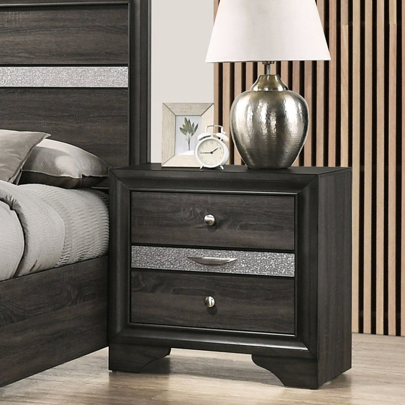 Table de chevet grise pour la chambre à coucher - 2 tiroirs et 1 plateau-boîte à bijoux, table de chevet extérieure texturée, surface, design intelligent