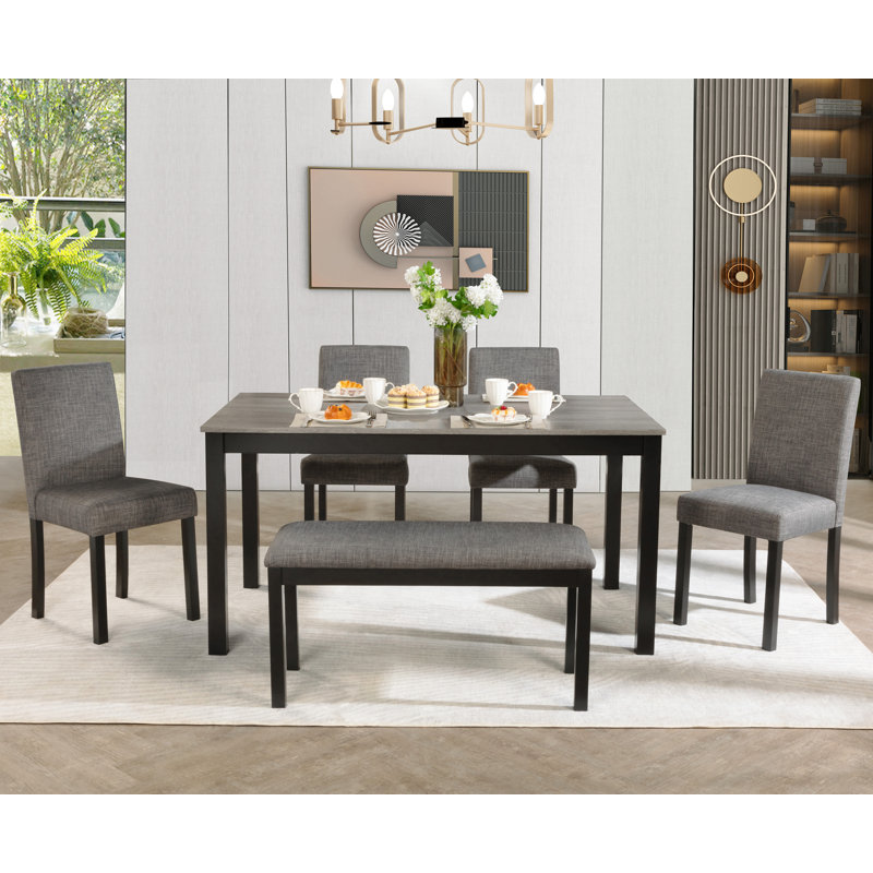 Farmhouse 6 Piece Dining Set Kitchen Table Set With Bench,,dining room set,dinning table set, Dark Gray/Black