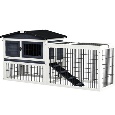 Abri pour lapins extérieur, 59 po, 2 niveaux avec toit solide, plateau amovible et rampe sécuritaire, extérieur en bois gris foncé