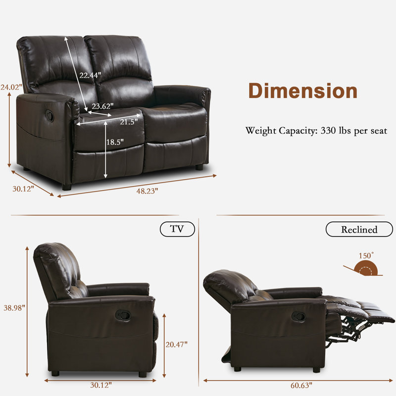 PU Leather Upholstered Manual Reclining Loveseat Sofa, Brown