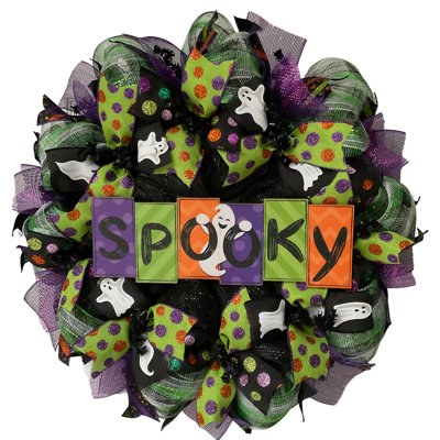 Halloween Wreath with Spooky Written in Colorful Blocks