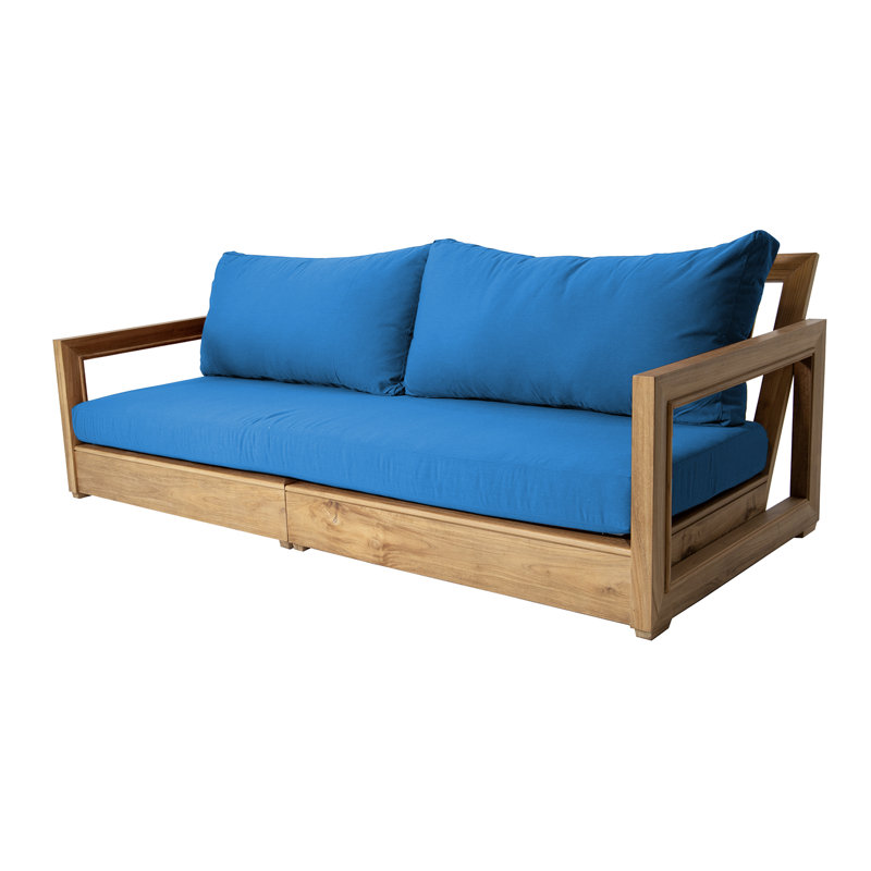 Crelake 107'' Wide Rectangular Teak Patio Sofa with Sunbrella® Cushions, Pacific Blue