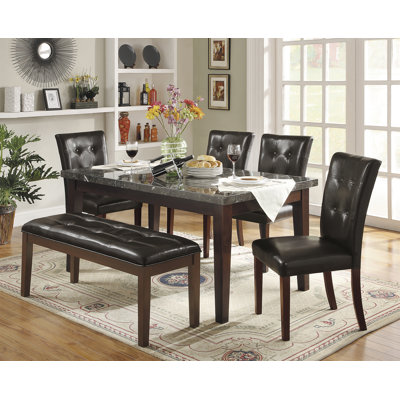 Dark Cherry Finish Wooden 6Pc Dining Set Marble Top Table With 4 Side Chairs Bench Seating Dark Brown Faux Leather Upholstered Dining Kitchen Furnitur -  Red Barrel StudioÂ®, 9295805A8163418CB6998B9F01D65040