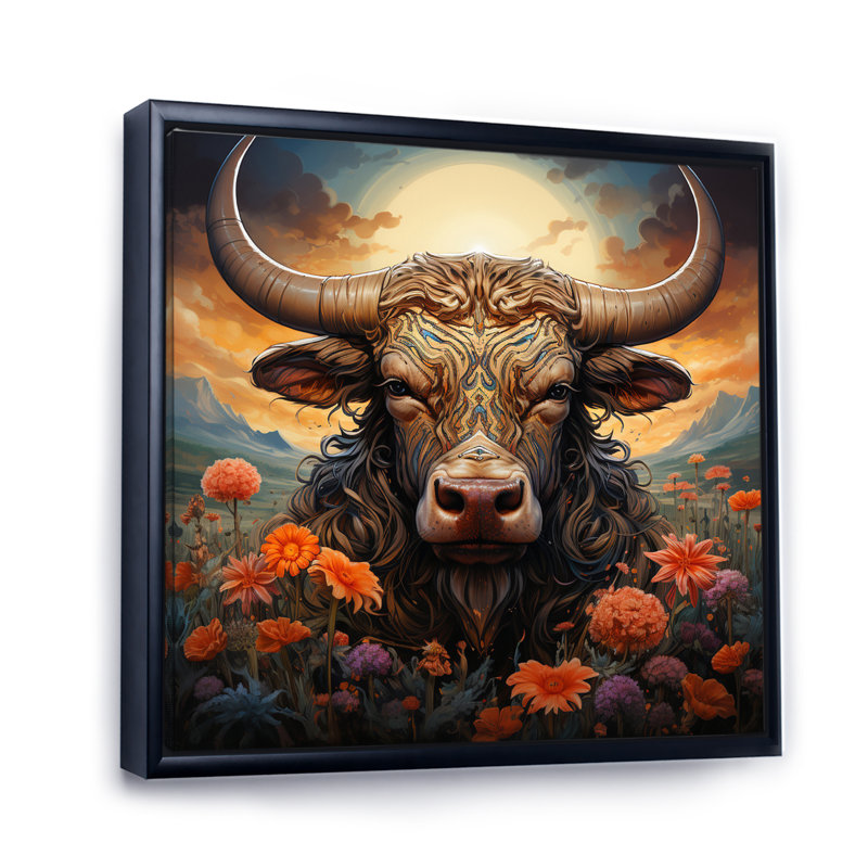 Buffalo at Sunrise - animaux, art mural sur toile, H 24 po x l 24 po x P 1 po, Cadre flottant noir