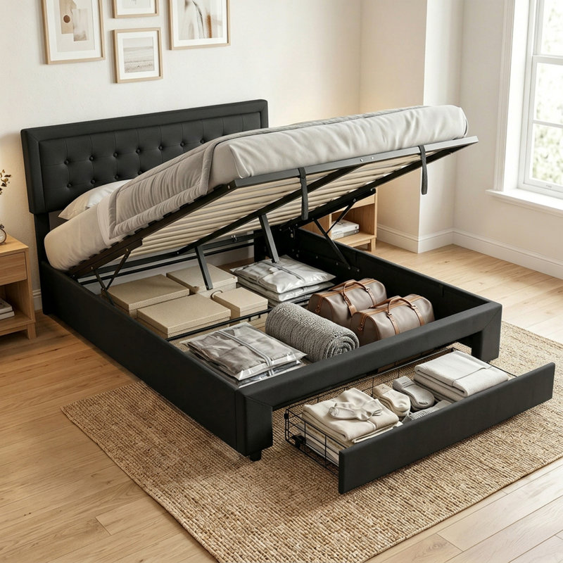 HOMCOM PU Leather King Bed Frame with Storage and Adjustable Headboard, Black
