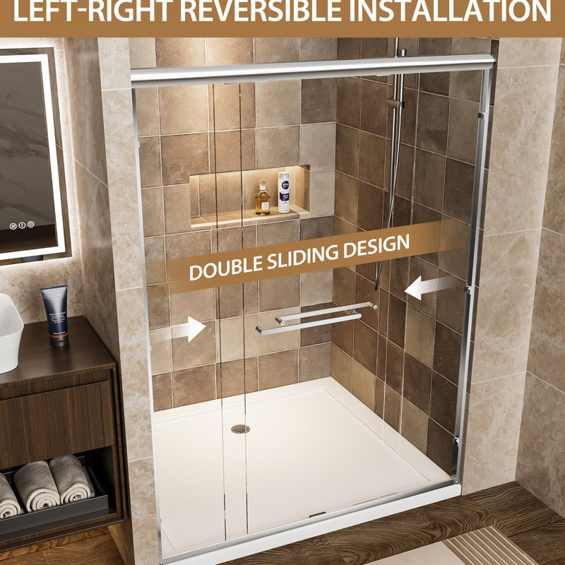 48" Width Aluminum Double Sliding Shower Door, 72" Height, 1/4" (6mm) Tempered Glass With - Proof Film, Waterproof And Reversible Installation In Modern Bathroom Clear Breakage For