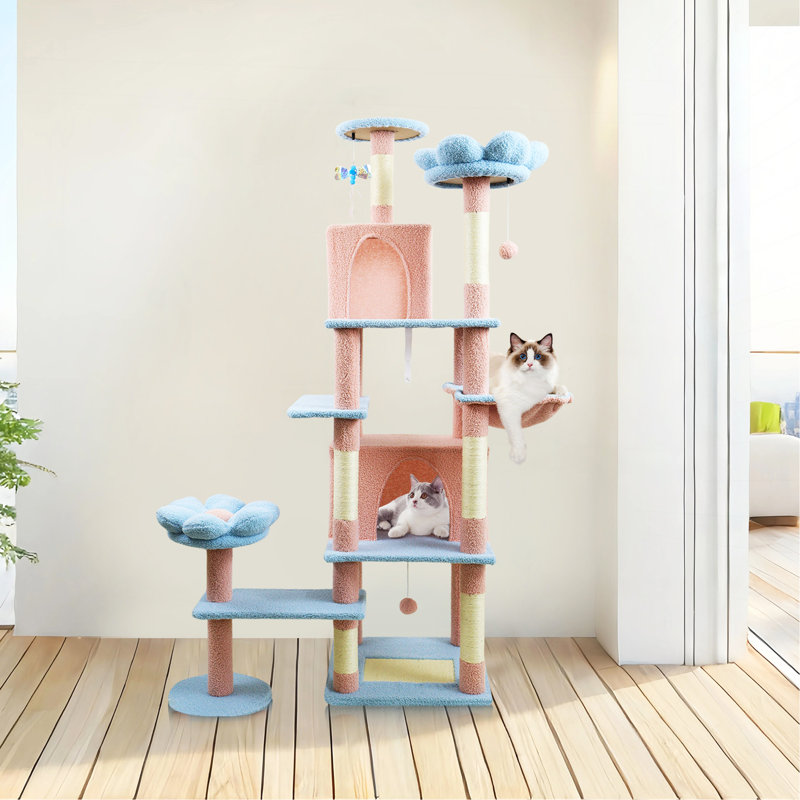 Arbre à chat 71 po avec grand coussin de jardin amovible et hamac bleu 71 po, Bleu