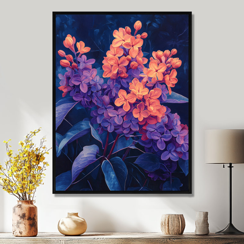 «Stefan Fiery Lilacs in Dark Tones Expressionism II», art mural lilas, H 20 po x l 12 po, Reproduction avec cadre flottant