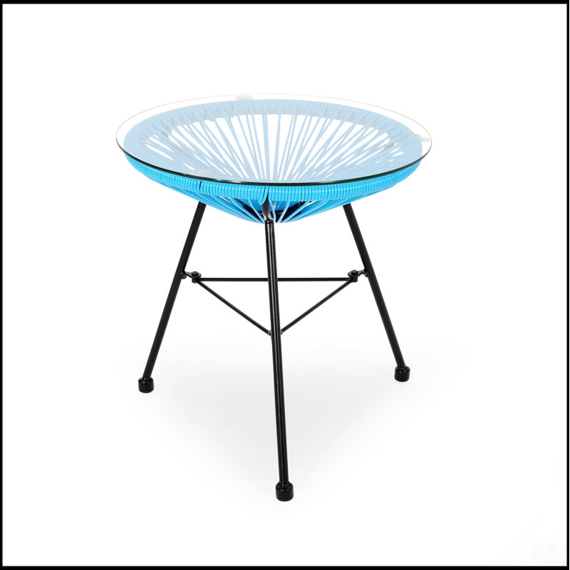 Nusa Rattan Side Table With Tempered Glass Top, Durable And Stylish For Indoor And Outdoor Use, Blue/Black