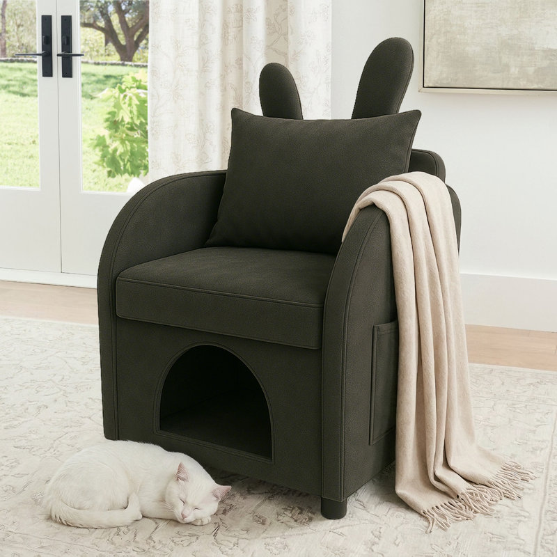 Fauteuil adapté aux animaux de compagnie avec cachette intégrée pour chat et chien, dossier à oreilles de lapin, Gris foncé