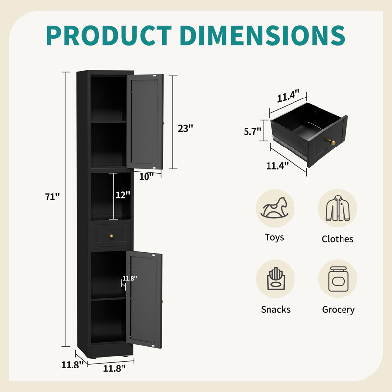 71" H Tall Bathroom Storage Cabinet, Black