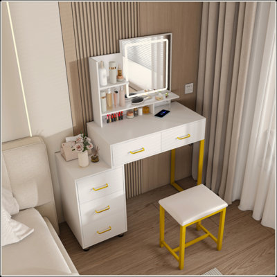 Coiffeuse de maquillage avec lumières DEL et 3 coiffeuses de maquillage à 5 tiroirs avec pieds en métal robustes et coiffeuse pour la chambre à coucher
