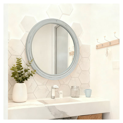 23.62" Round Distressed White Wood Beaded Wall Mirror - Farmhouse Vintage Accent Mirror for Bathroom, Bedroom, Entryway | Decorative Mirror
