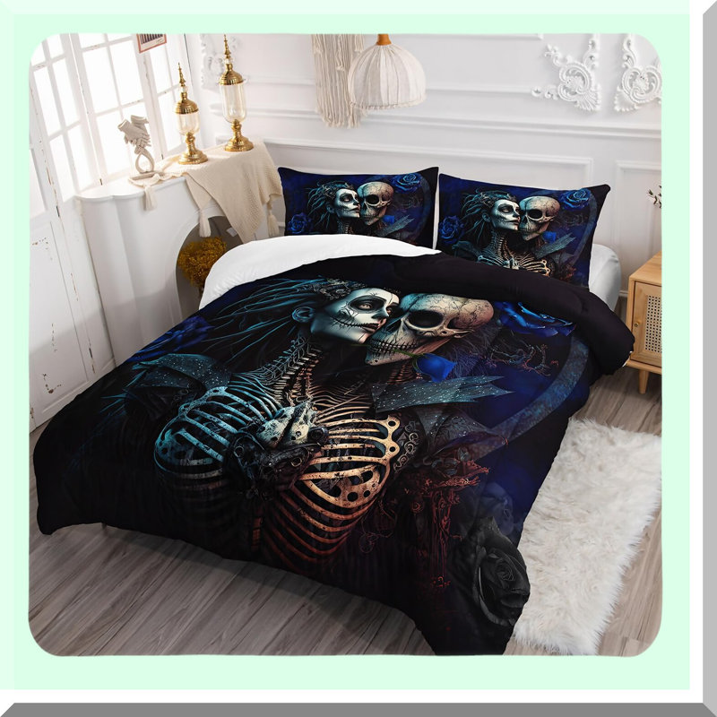 Blue Rose Skull Comforter Set - Queen Size 3D Bedding Set with Skeleton Bones Design - Gothic Duvet Set with Quilt and Pillowcases - Skull Couple Theme