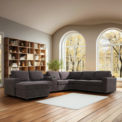 Ensemble de canapé modulaire en flanelle brun 8 pièces avec repose-pieds, console de rangement et porte-gobelets