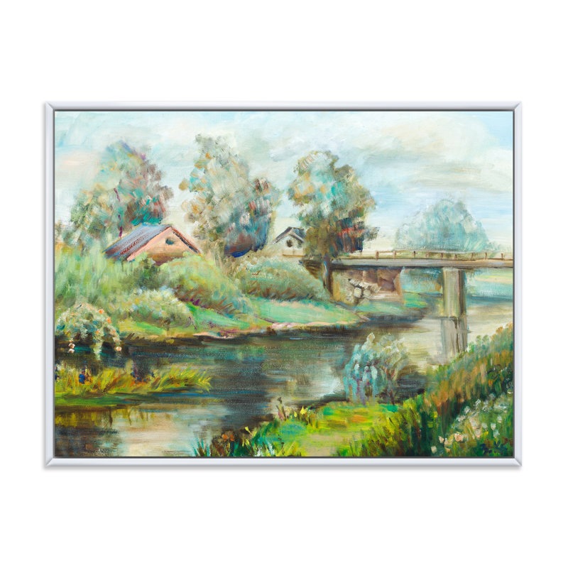 Pont sur la rivière dans un paysage rustique - peinture sur toile, H 16 po x l 32 po x p 1 po, Cadre flottant blanc