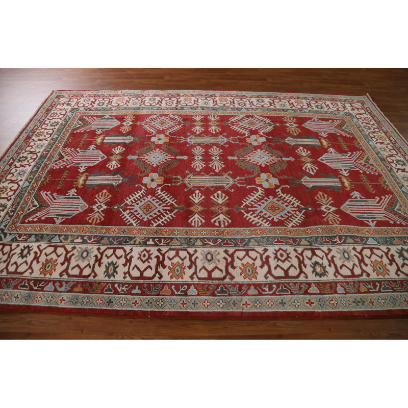Tapis oriental géométrique Kazak fabriqué à la main 7 x 10