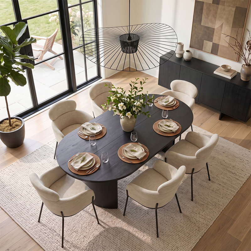 Ensemble de table de salle à manger ovale de 79 pouces avec fauteuils rembourrés à double dossier, Beige