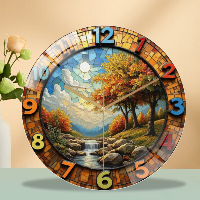 Vintage Nature Landscape Wall Clock with Autumn Trees Art - 12'' Modern Glass Wall Clock