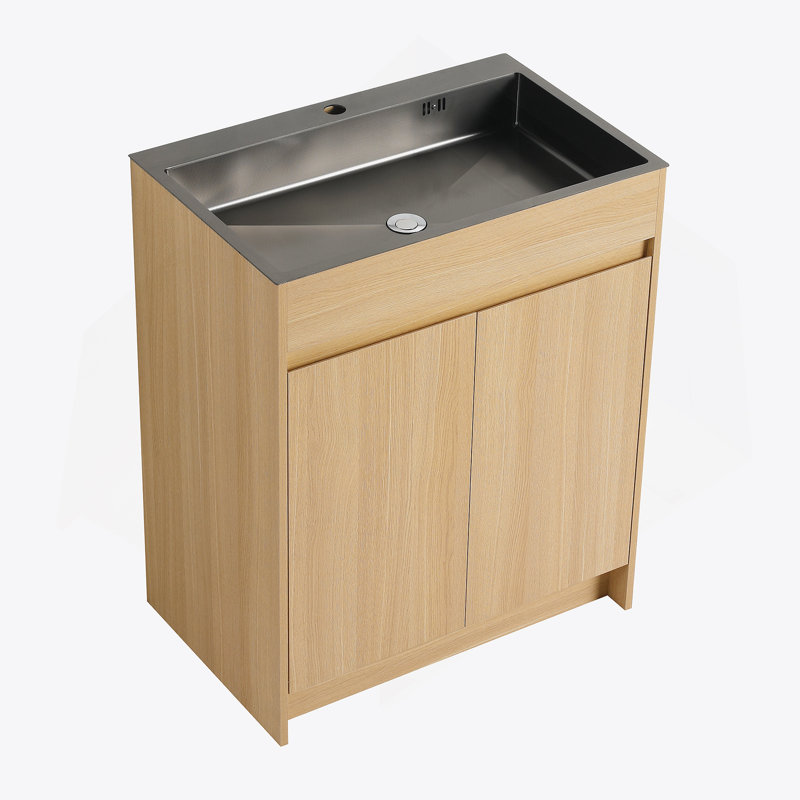 Meuble-lavabo autoportant avec lavabo en acier inoxydable et drain flexible, porte à fermeture en douceur