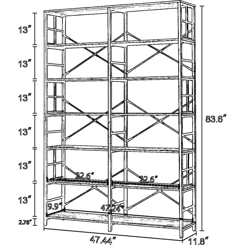 Bibliothèque industrielle double à 7 niveaux, bibliothèque de 84 pouces de hauteur avec tablettes ouvertes, rangement robuste pour le salon, le bureau personnel, brun rustique