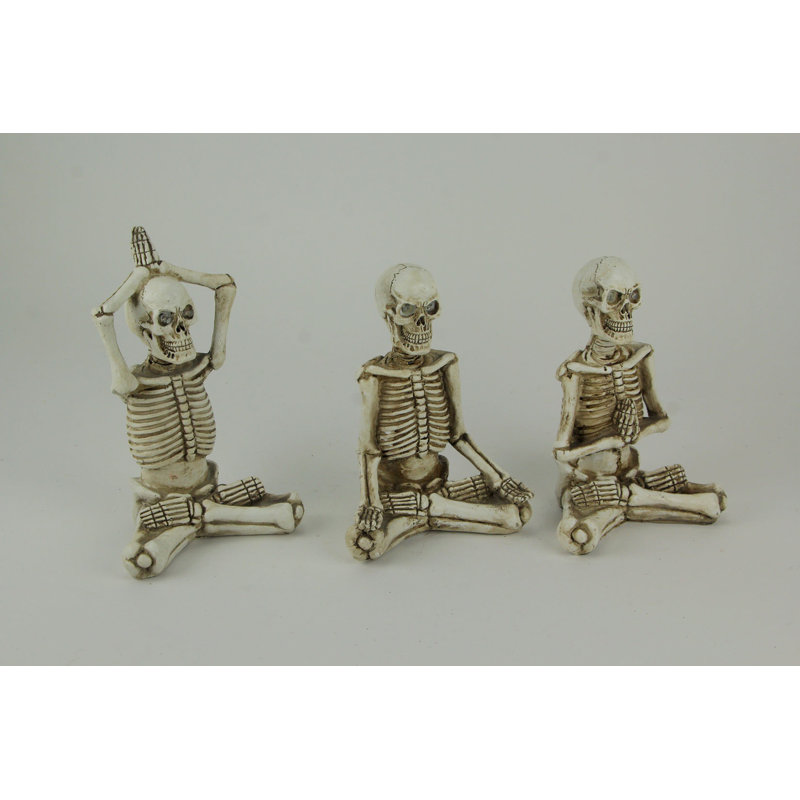 Ensemble de 3 figurines de squelettes de yoga en résine blanc cassé avec yeux DEL de couleur changeante, hauteur 22 cm