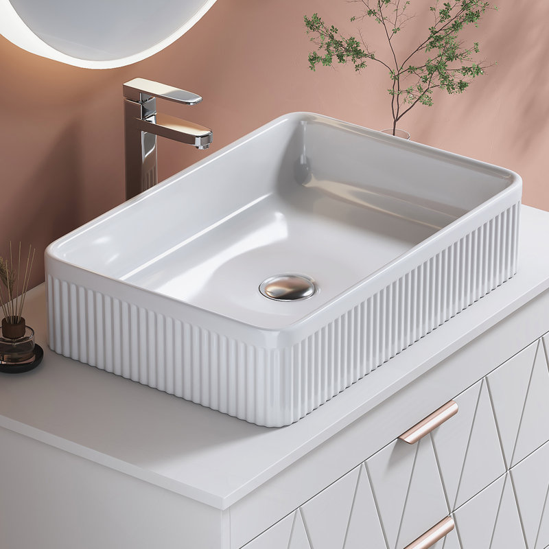 Lavabo vasque de salle de bain rectangulaire blanc en céramique avec bonde