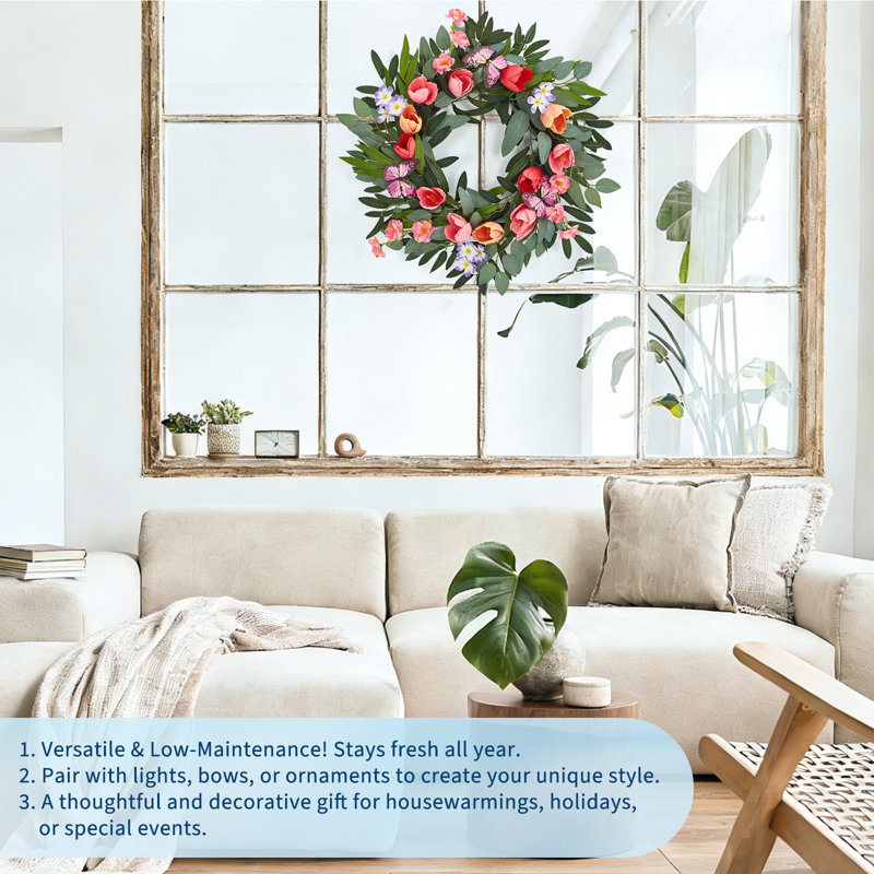 Couronne de printemps pour porte d'entrée, couronne de tulipes de 20 pouces avec fleurs colorées, feuilles d'eucalyptus