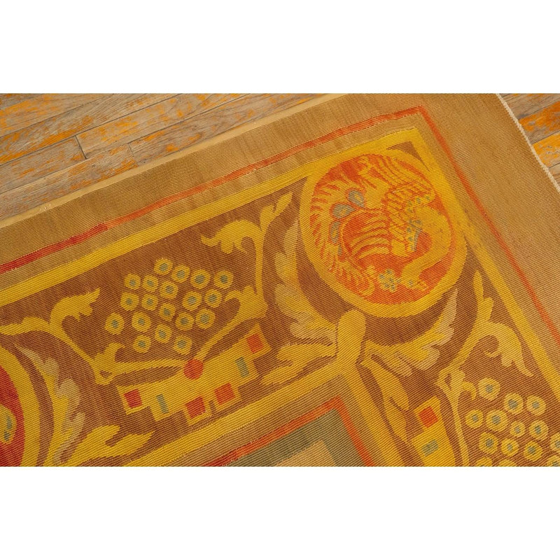 1840s Antique Gold European Aubusson Flatweave Wool Square Rug