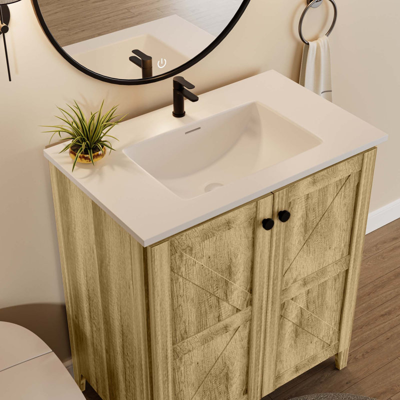Armoire de salle de bain autoportante de 30 pouces de style américain avec lavabo en céramique - Installation brevetée en 1 minute, peu encombrante et facile à assembler