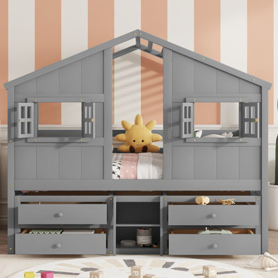 Full Size House Loft Bed with Roof, Windows, 4 Storage Drawers, Pine Wood Bed with Ladder & Safety Rails,Grey