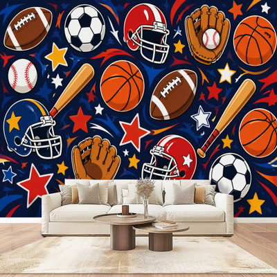 Papier peint adhésif pour chambre d'enfants, équipement de sport, football, baseball, basketball, soccer, gants, art mural, adhésif et amovible