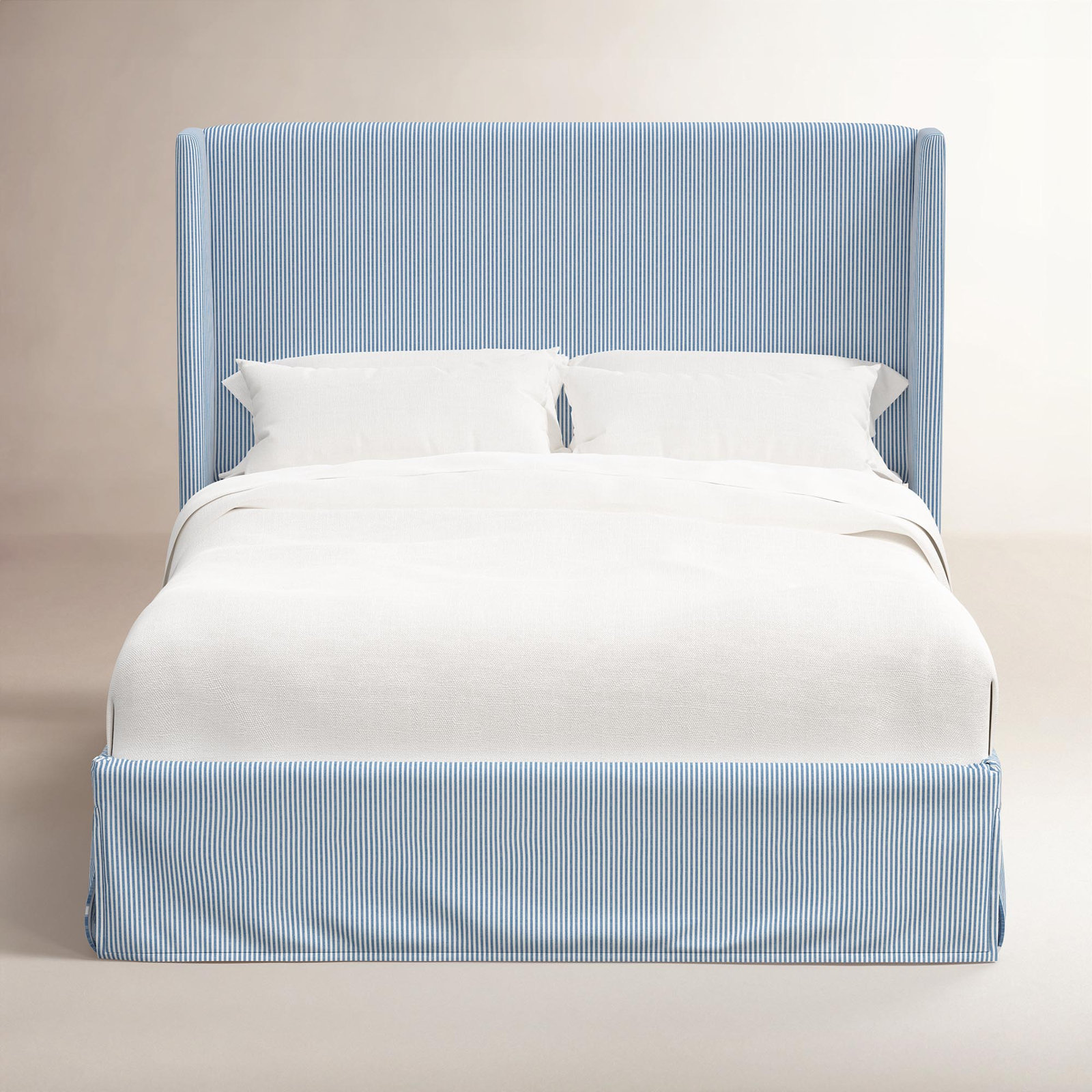 Upholstered Wingback Bed, Twin, Prep Stripe Blue