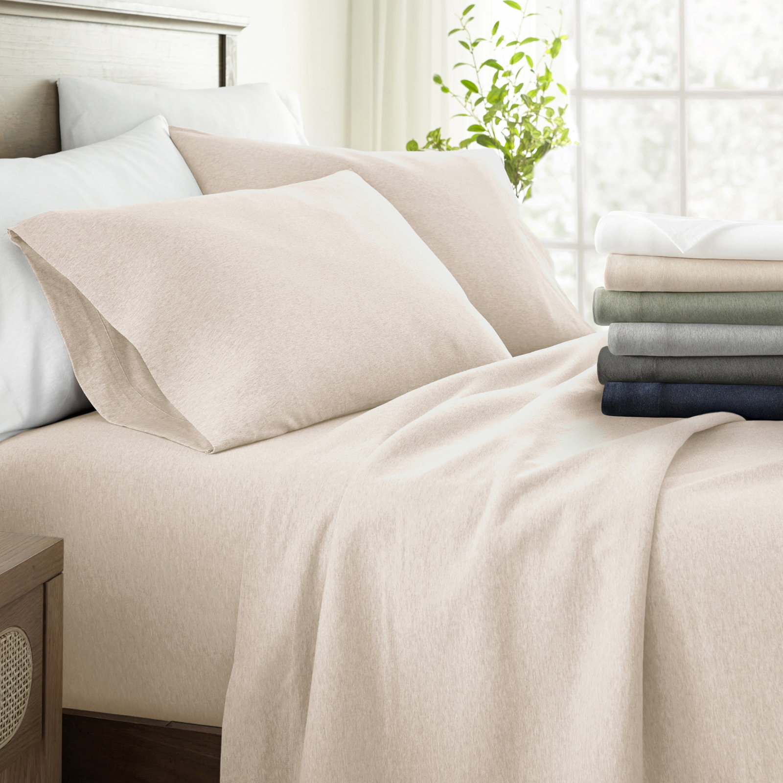 4 Piece 100% Cotton Jersey Knit Sheet Sets, Oatmeal, Twin XL Sheet Set + 1 Fitted Sheet + 1 Pillowcase