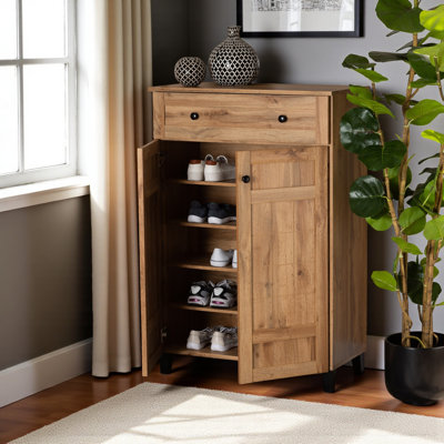Chara 2-Inset Panel Door Oak Finish 5-Shelves Shoe Cabinet, 44.83" H X 30.33" W X 14.8" D