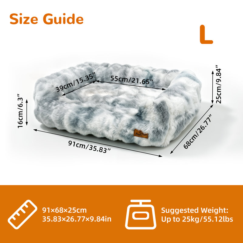 Two-Tone Plush Bolster Dog Bed with Removable Cover, L(91x68x25cm), Silver Grey